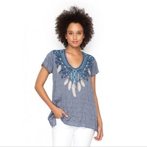 Johnny Was Mya Drape Feather Chambray Blouse | XS